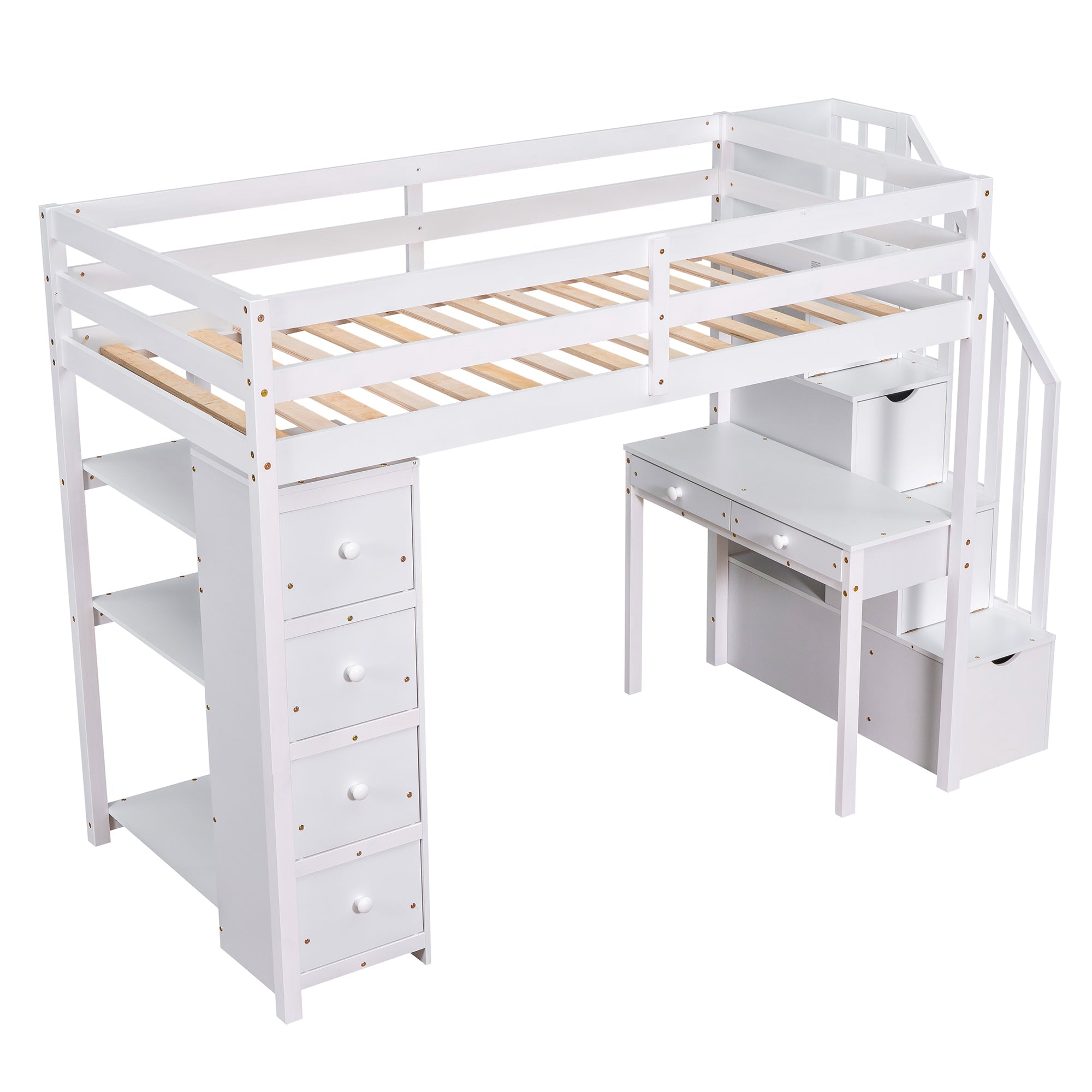 Bellemave® Loft Bed Twin with Storage Drawers ,Desk and Stairs, Wooden Loft Bed with Shelves - White - Bellemave