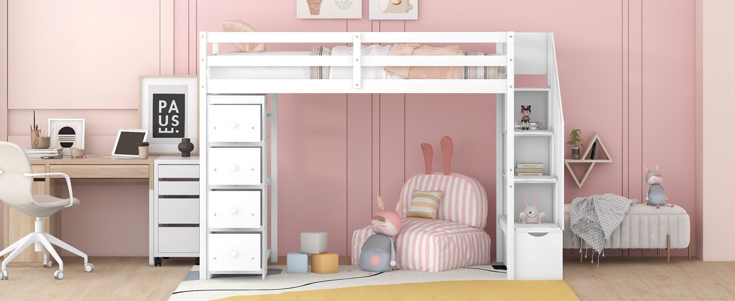 Bellemave® Loft Bed Twin with Storage Drawers ,Desk and Stairs, Wooden Loft Bed with Shelves - White - Bellemave