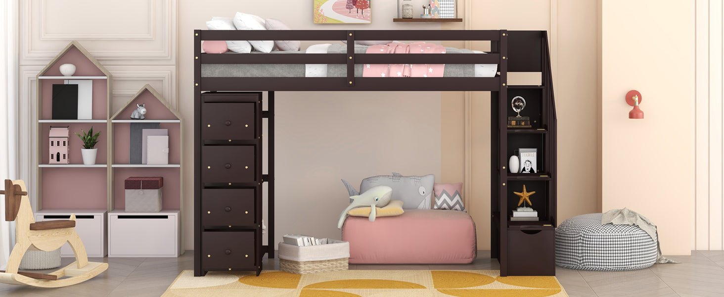 Bellemave® Loft Bed Twin with Storage Drawers ,Desk and Stairs, Wooden Loft Bed with Shelves - White - Bellemave