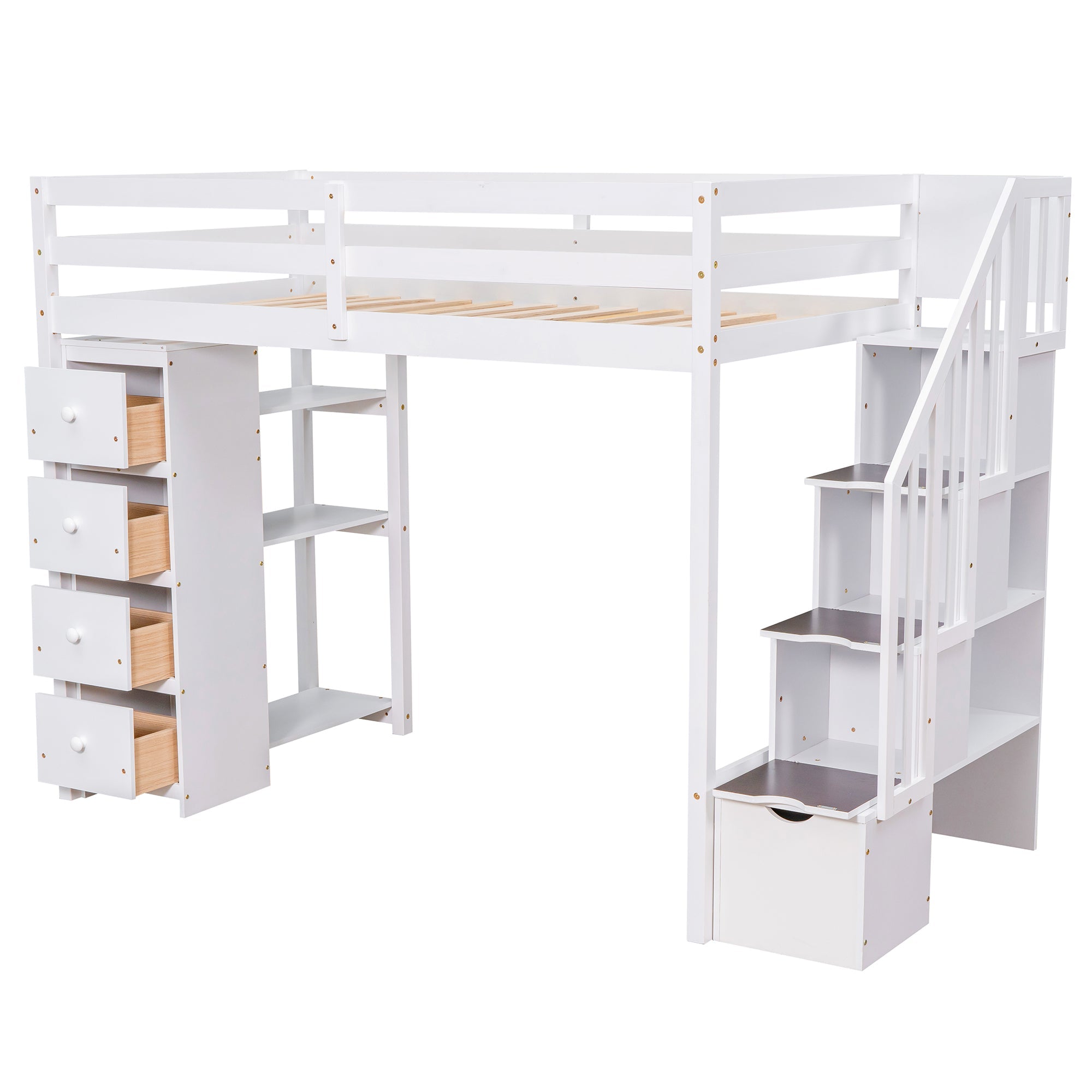 Bellemave® Loft Bed Twin with Storage Drawers ,Desk and Stairs, Wooden Loft Bed with Shelves - White - Bellemave