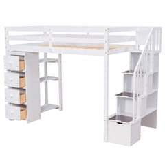 Bellemave® Loft Bed Twin with Storage Drawers ,Desk and Stairs, Wooden Loft Bed with Shelves - White - Bellemave