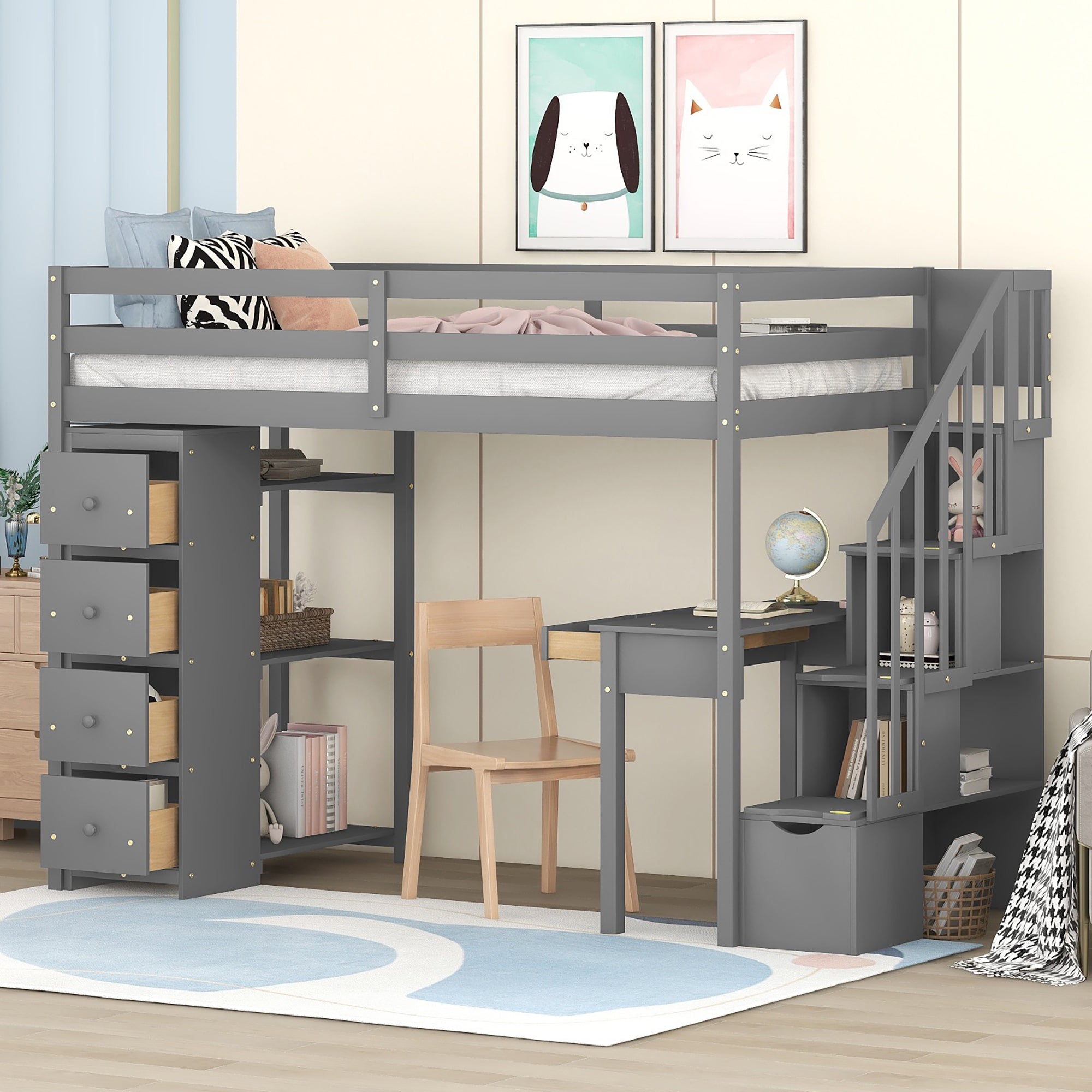 Bellemave® Loft Bed Twin with Storage Drawers ,Desk and Stairs, Wooden Loft Bed with Shelves - White - Bellemave
