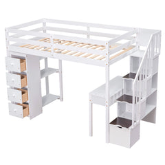 Bellemave® Loft Bed Twin with Storage Drawers ,Desk and Stairs, Wooden Loft Bed with Shelves - White - Bellemave
