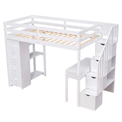 Bellemave® Loft Bed Twin with Storage Drawers ,Desk and Stairs, Wooden Loft Bed with Shelves - White - Bellemave