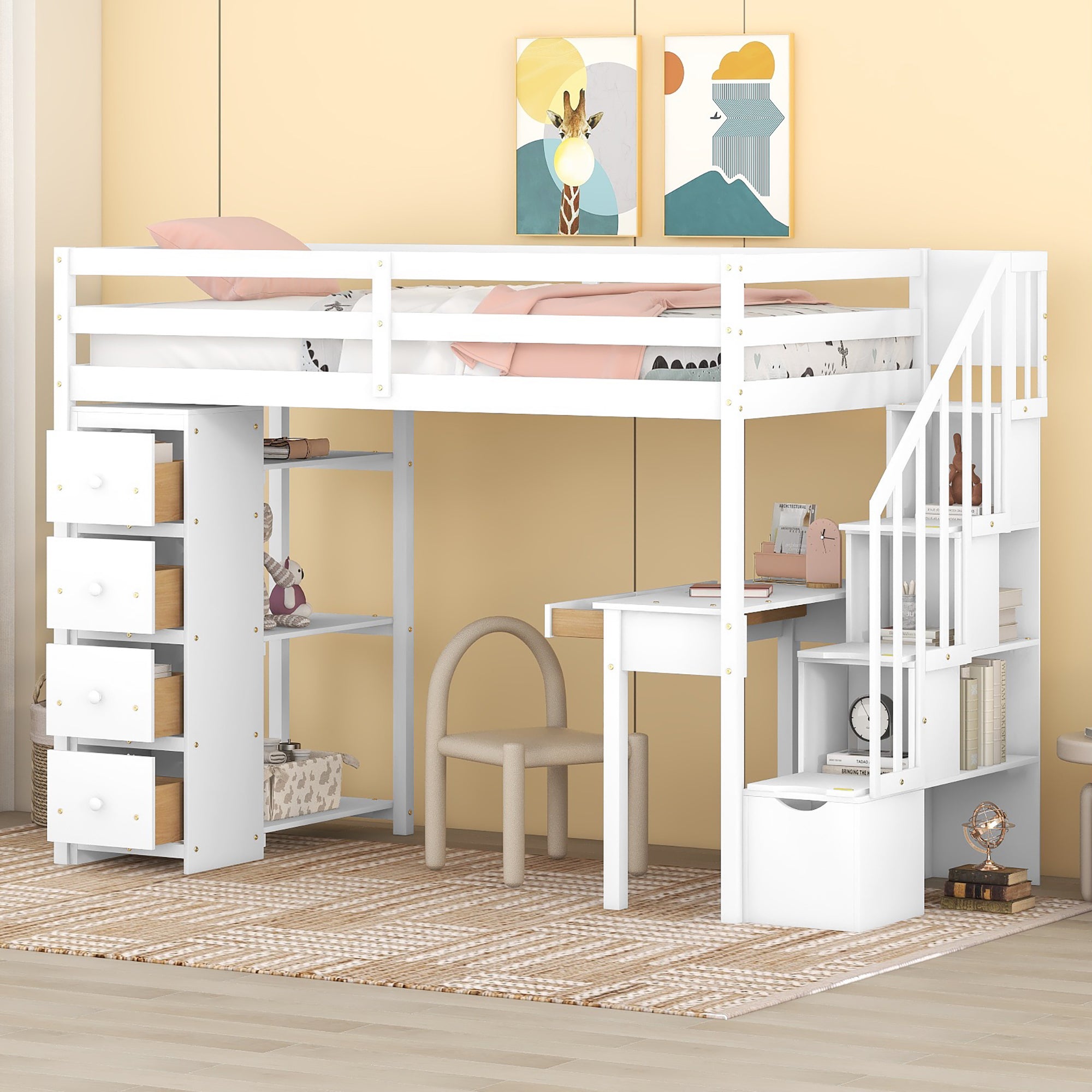 Bellemave® Loft Bed Twin with Storage Drawers ,Desk and Stairs, Wooden Loft Bed with Shelves - White - Bellemave