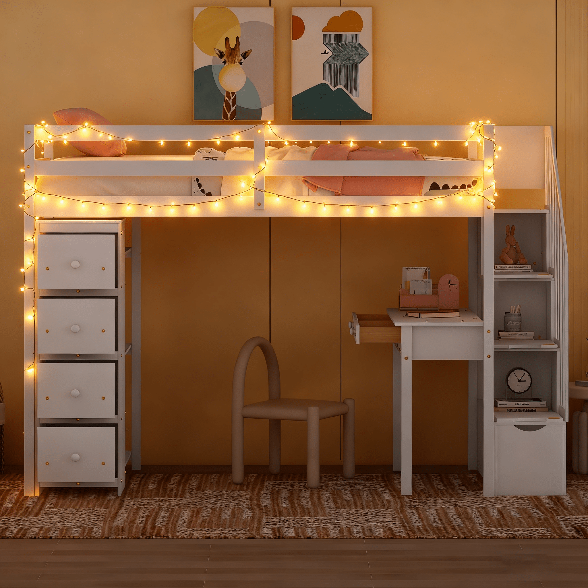 Bellemave® Loft Bed Twin with Storage Drawers ,Desk and Stairs, Wooden Loft Bed with Shelves - White - Bellemave