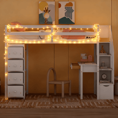 Bellemave® Loft Bed Twin with Storage Drawers ,Desk and Stairs, Wooden Loft Bed with Shelves - White - Bellemave