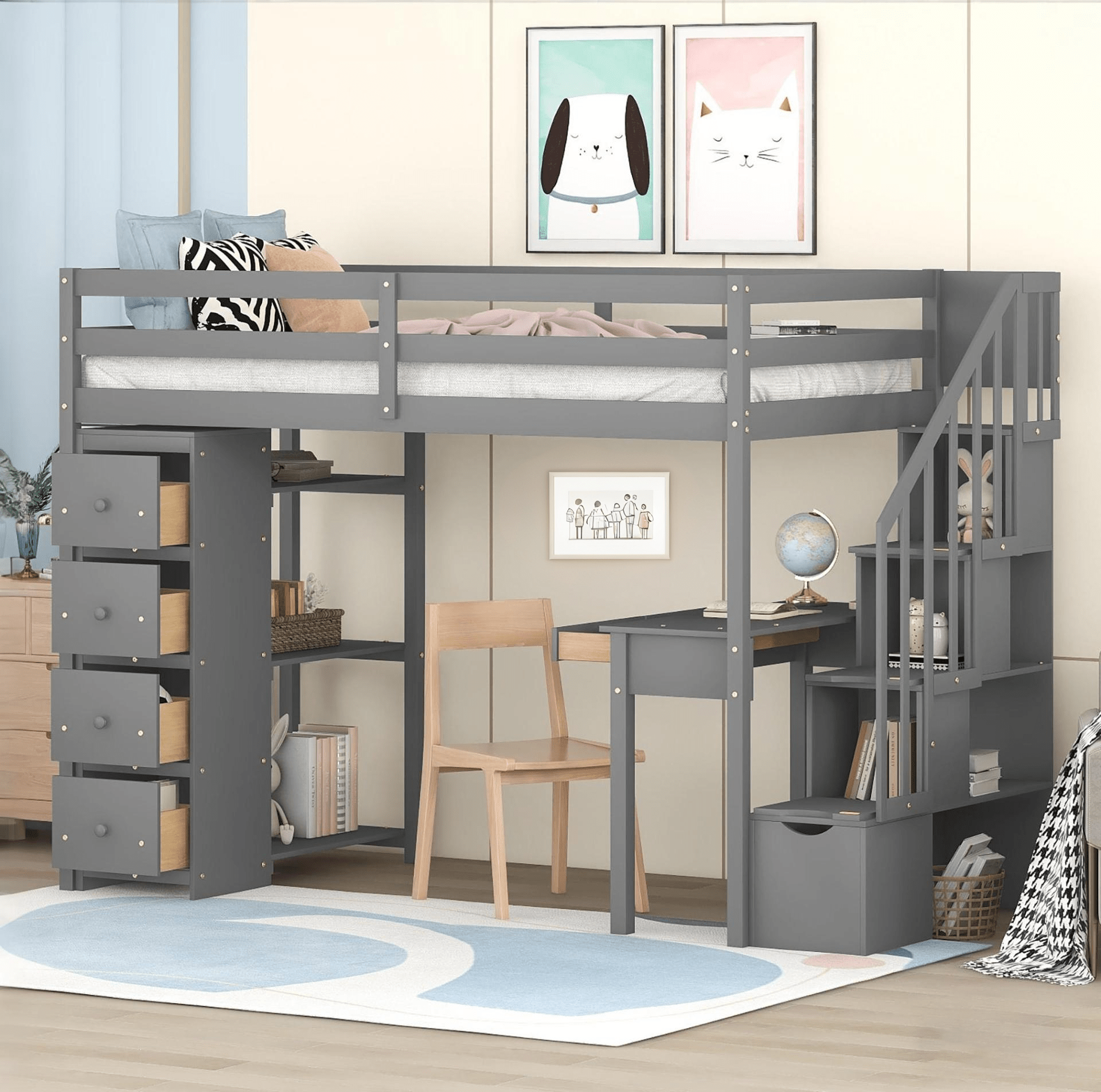 Bellemave® Loft Bed Twin with Storage Drawers ,Desk and Stairs, Wooden Loft Bed with Shelves - White - Bellemave