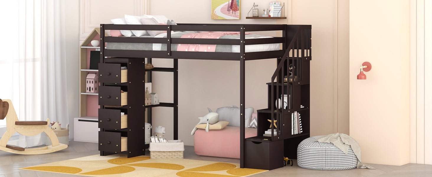 Bellemave® Loft Bed Twin with Storage Drawers ,Desk and Stairs, Wooden Loft Bed with Shelves - White - Bellemave