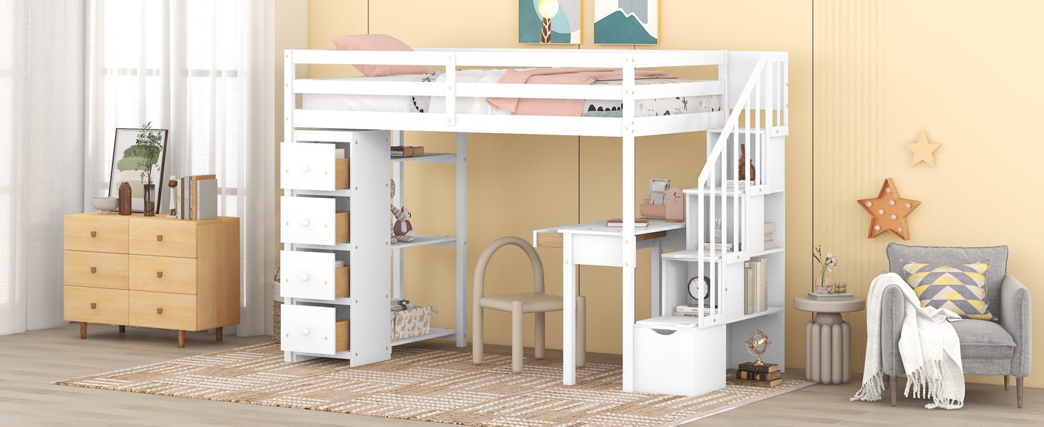 Bellemave® Loft Bed Twin with Storage Drawers ,Desk and Stairs, Wooden Loft Bed with Shelves - White - Bellemave