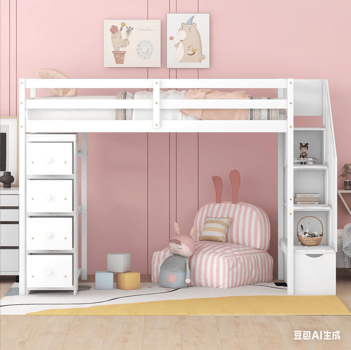 Bellemave® Loft Bed Twin with Storage Drawers ,Desk and Stairs, Wooden Loft Bed with Shelves - White - Bellemave