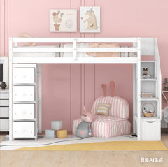 Bellemave® Loft Bed Twin with Storage Drawers ,Desk and Stairs, Wooden Loft Bed with Shelves - White - Bellemave