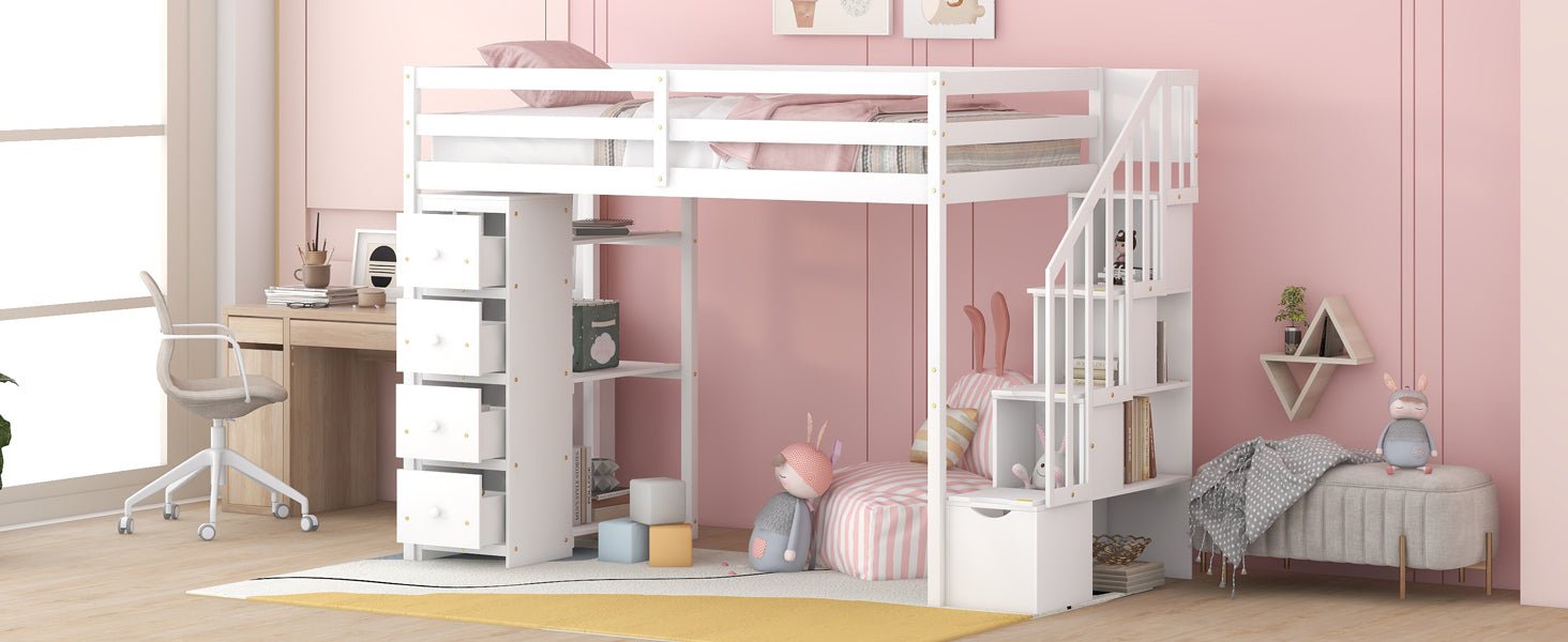 Bellemave® Loft Bed Twin with Storage Drawers ,Desk and Stairs, Wooden Loft Bed with Shelves - White - Bellemave