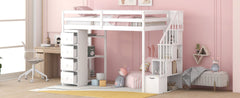 Bellemave® Loft Bed Twin with Storage Drawers ,Desk and Stairs, Wooden Loft Bed with Shelves - White - Bellemave