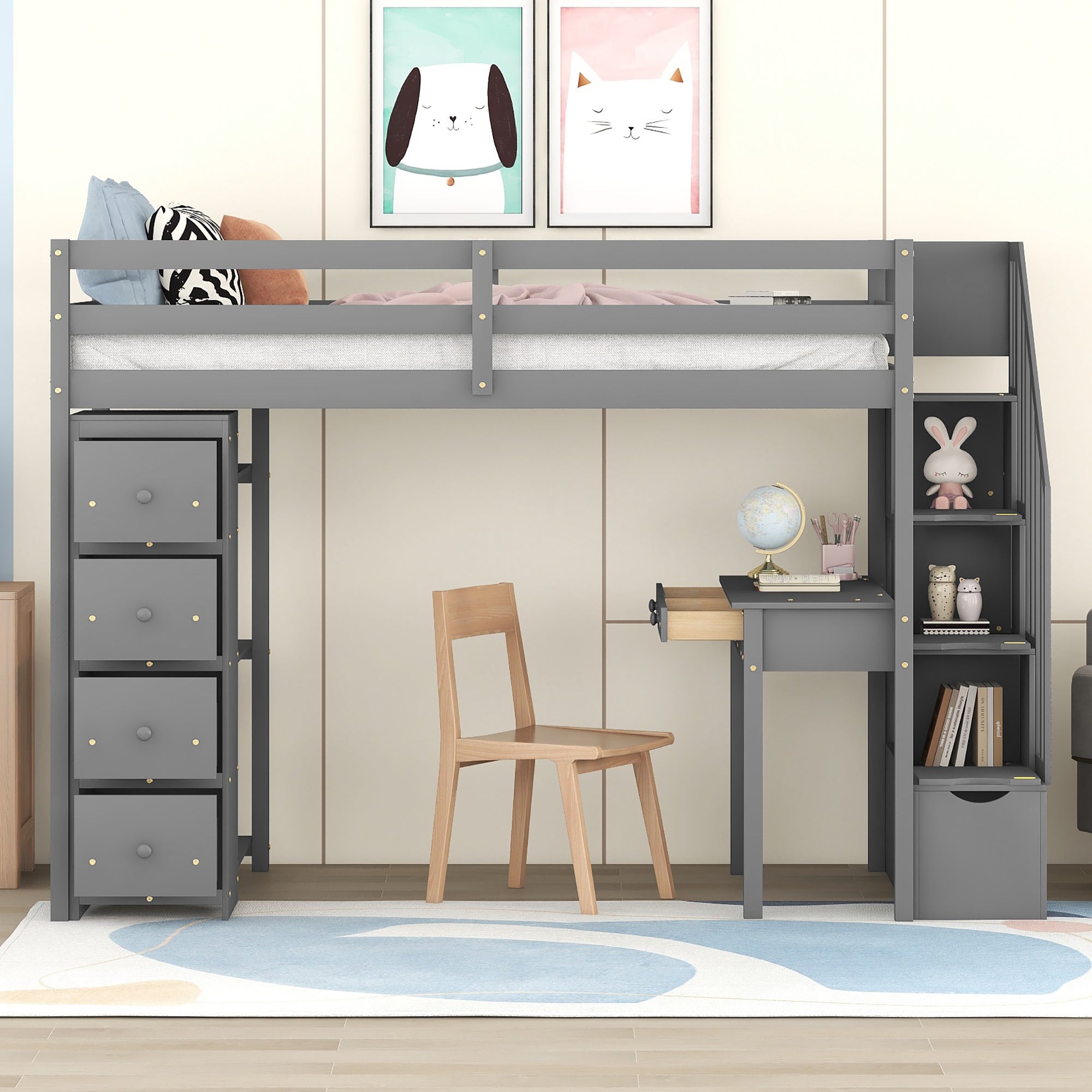 Bellemave® Loft Bed Twin with Storage Drawers ,Desk and Stairs, Wooden Loft Bed with Shelves - White - Bellemave