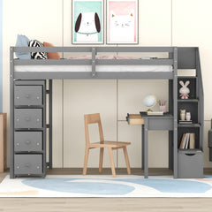 Bellemave® Loft Bed Twin with Storage Drawers ,Desk and Stairs, Wooden Loft Bed with Shelves - White - Bellemave