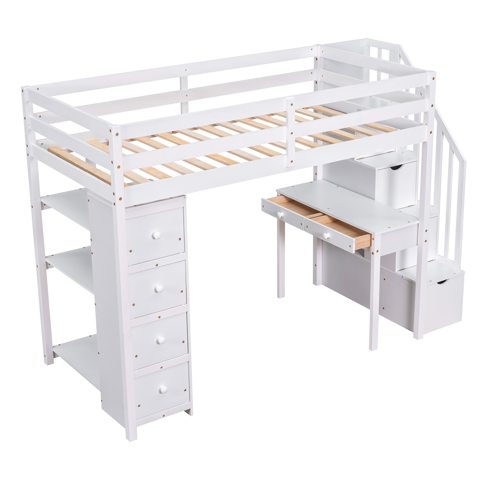 Bellemave® Loft Bed Twin with Storage Drawers ,Desk and Stairs, Wooden Loft Bed with Shelves - White - Bellemave