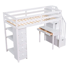 Bellemave® Loft Bed Twin with Storage Drawers ,Desk and Stairs, Wooden Loft Bed with Shelves - White - Bellemave