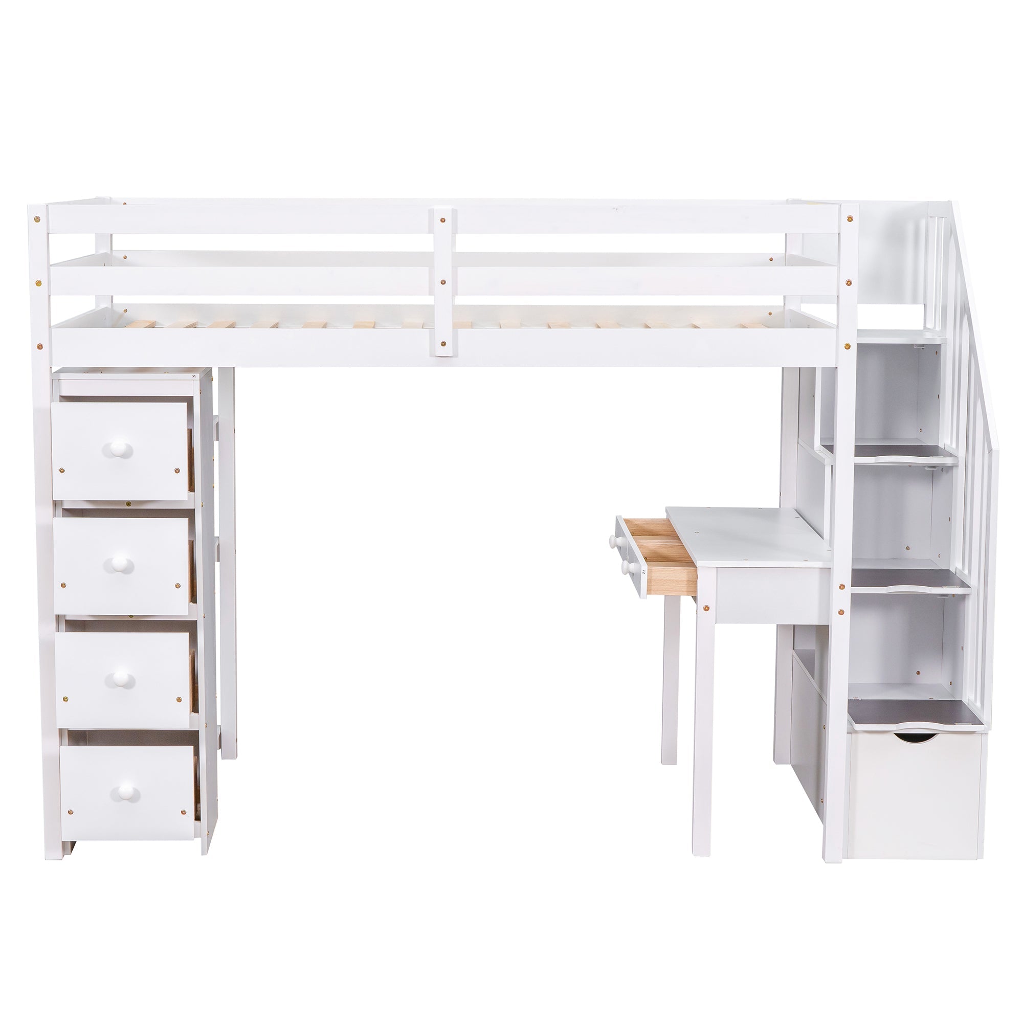 Bellemave® Loft Bed Twin with Storage Drawers ,Desk and Stairs, Wooden Loft Bed with Shelves - White - Bellemave