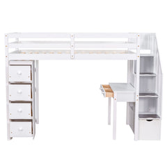 Bellemave® Loft Bed Twin with Storage Drawers ,Desk and Stairs, Wooden Loft Bed with Shelves - White - Bellemave