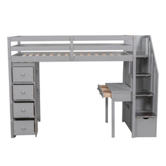 Bellemave® Loft Bed Twin with Storage Drawers ,Desk and Stairs, Wooden Loft Bed with Shelves - White - Bellemave