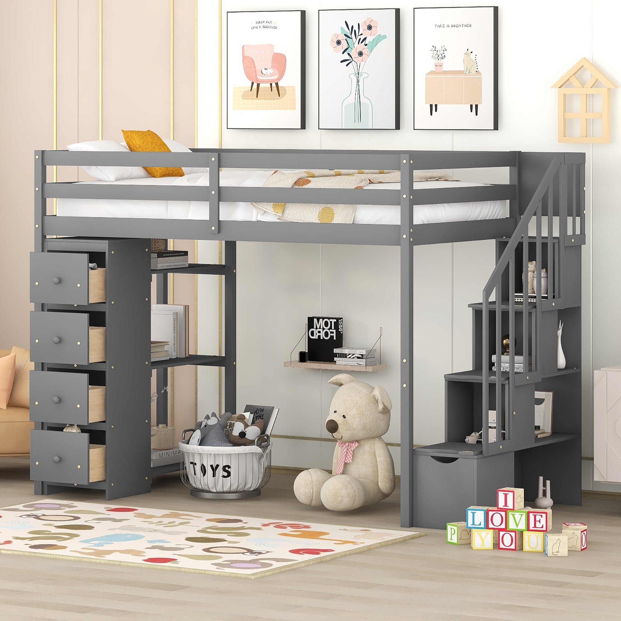 Bellemave® Loft Bed Twin with Storage Drawers ,Desk and Stairs, Wooden Loft Bed with Shelves - White - Bellemave