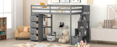 Bellemave® Loft Bed Twin with Storage Drawers ,Desk and Stairs, Wooden Loft Bed with Shelves - White - Bellemave