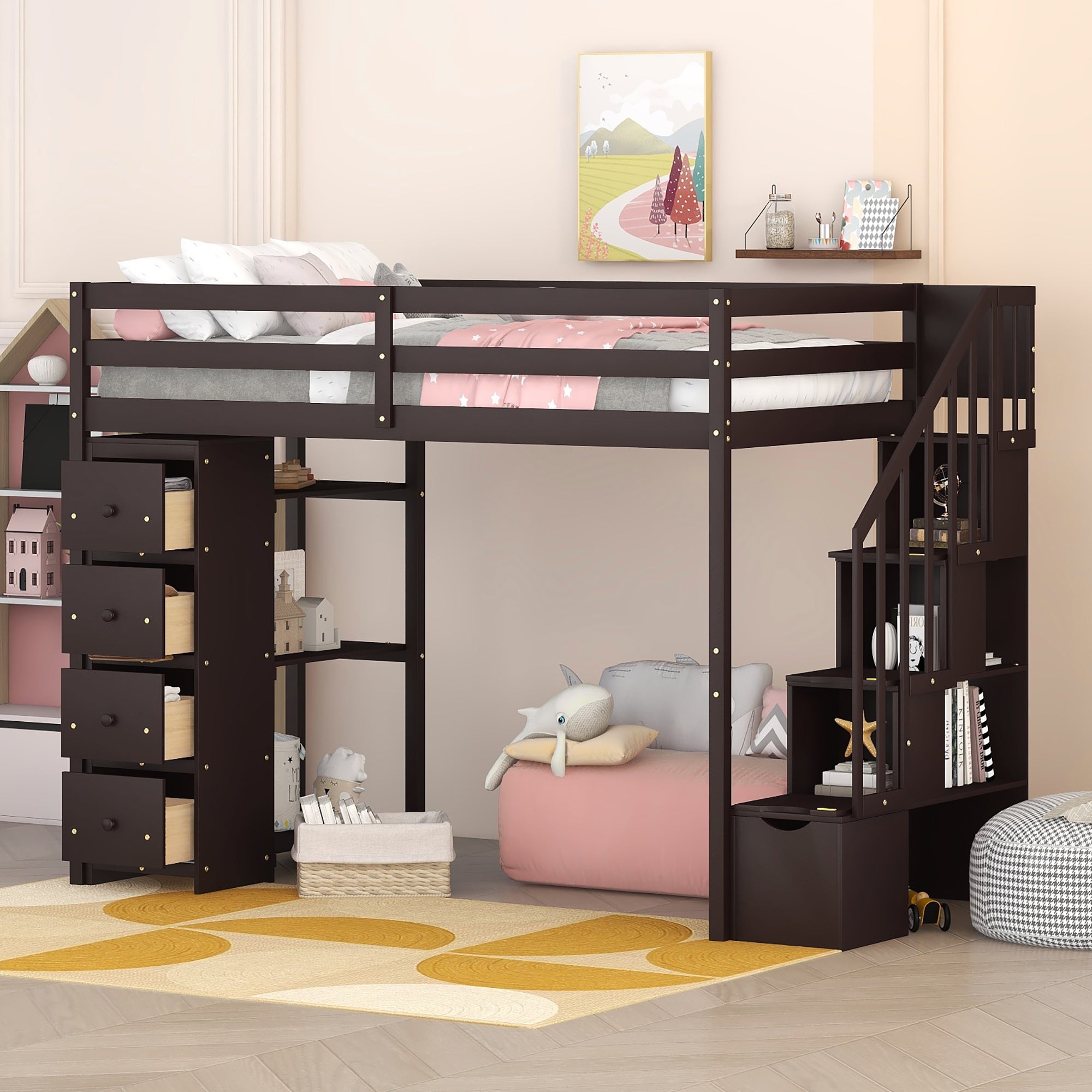 Bellemave® Loft Bed Twin with Storage Drawers ,Desk and Stairs, Wooden Loft Bed with Shelves - White - Bellemave