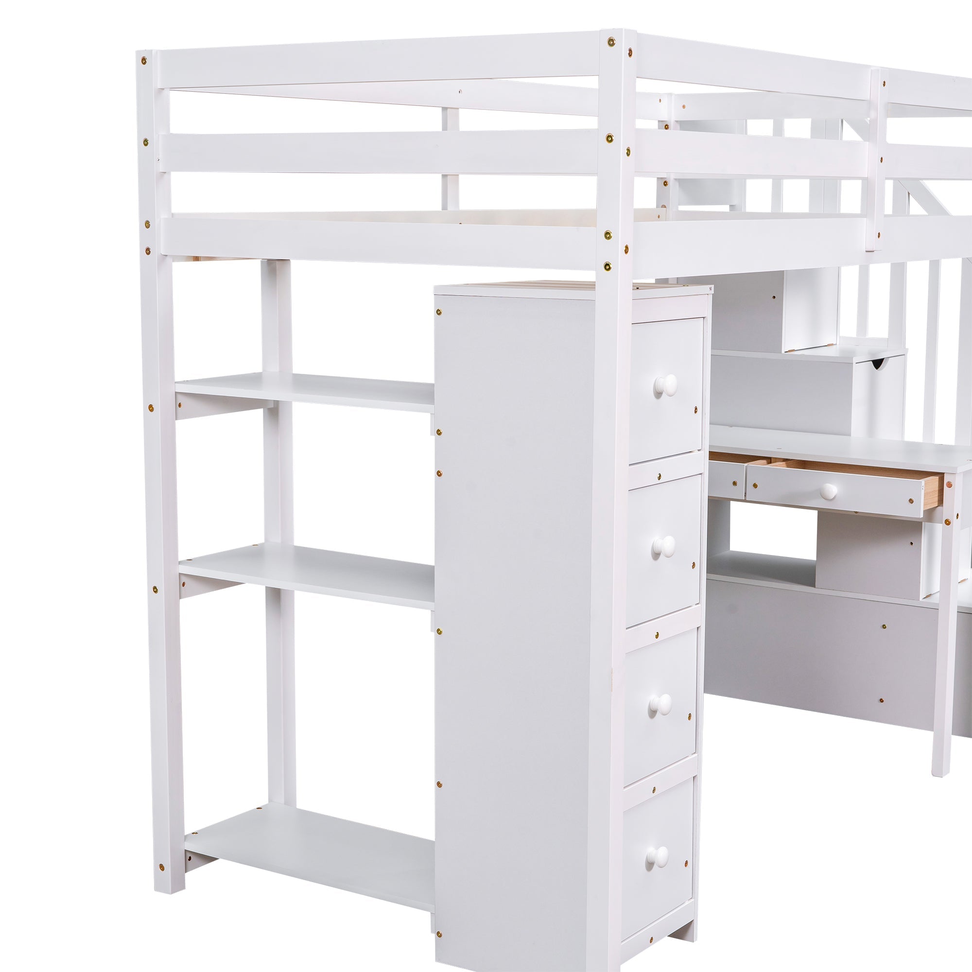 Bellemave® Loft Bed Twin with Storage Drawers ,Desk and Stairs, Wooden Loft Bed with Shelves - White - Bellemave