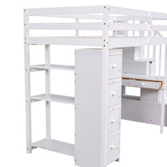 Bellemave® Loft Bed Twin with Storage Drawers ,Desk and Stairs, Wooden Loft Bed with Shelves - White - Bellemave
