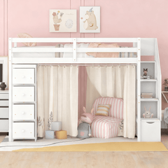 Bellemave® Loft Bed Twin with Storage Drawers ,Desk and Stairs, Wooden Loft Bed with Shelves - White - Bellemave