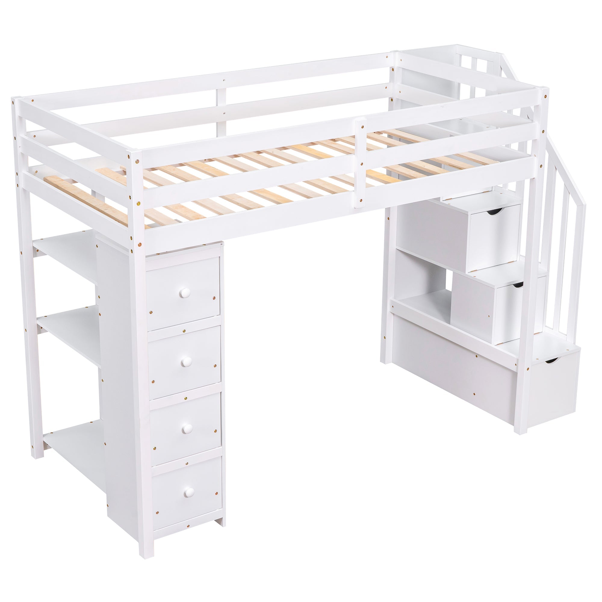 Bellemave® Loft Bed Twin with Storage Drawers ,Desk and Stairs, Wooden Loft Bed with Shelves - White - Bellemave