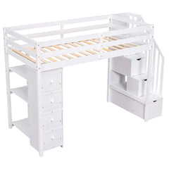 Bellemave® Loft Bed Twin with Storage Drawers ,Desk and Stairs, Wooden Loft Bed with Shelves - White - Bellemave