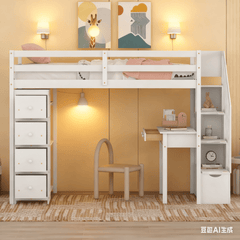 Bellemave® Loft Bed Twin with Storage Drawers ,Desk and Stairs, Wooden Loft Bed with Shelves - White - Bellemave