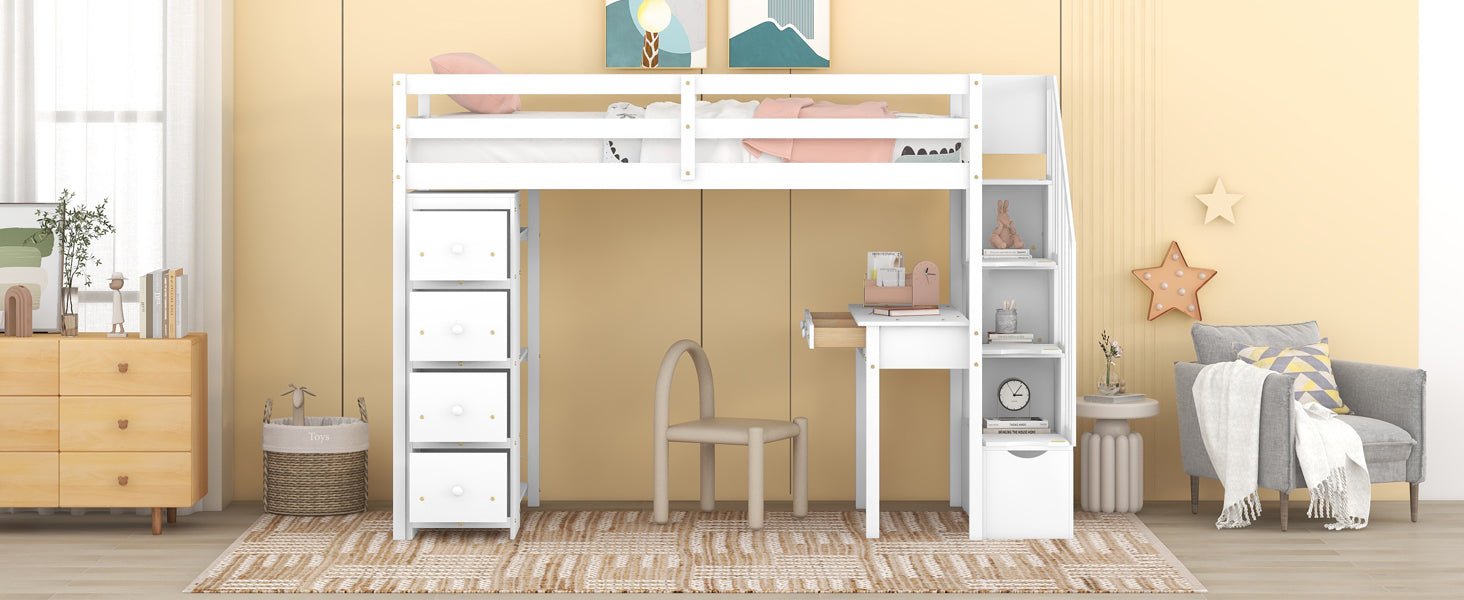 Bellemave® Loft Bed Twin with Storage Drawers ,Desk and Stairs, Wooden Loft Bed with Shelves - White - Bellemave