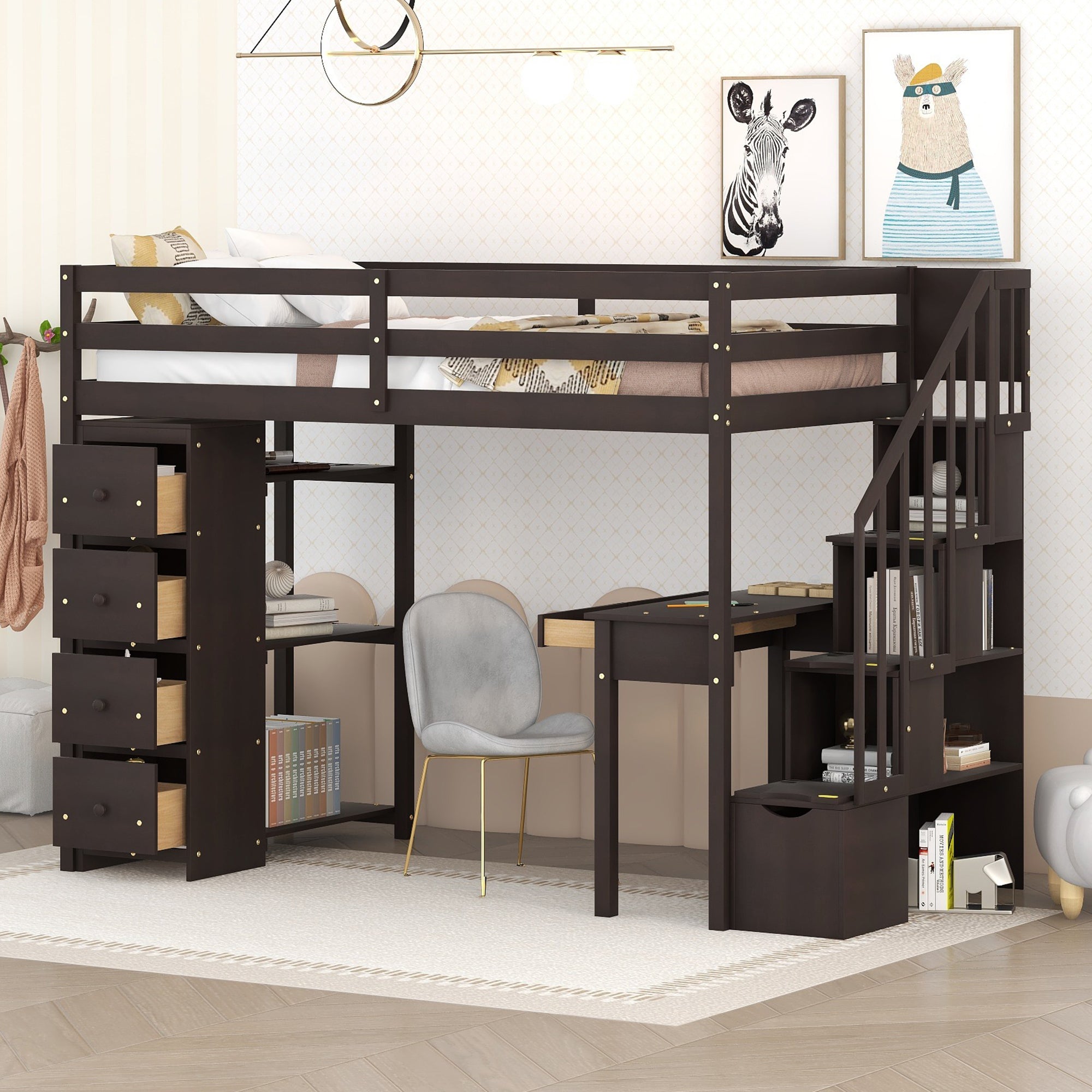 Bellemave® Loft Bed Twin with Storage Drawers ,Desk and Stairs, Wooden Loft Bed with Shelves - White - Bellemave