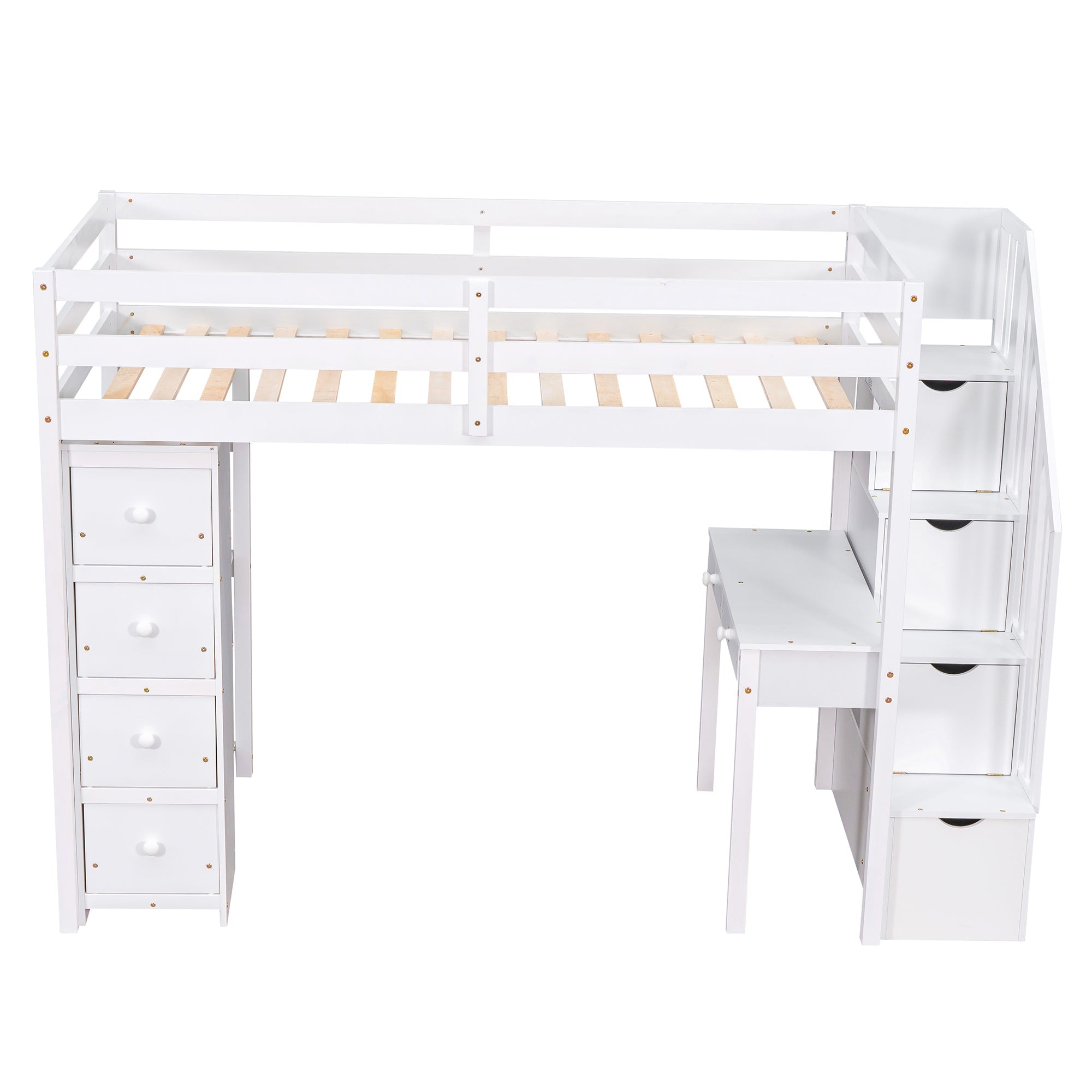 Bellemave® Loft Bed Twin with Storage Drawers ,Desk and Stairs, Wooden Loft Bed with Shelves - White - Bellemave