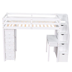 Bellemave® Loft Bed Twin with Storage Drawers ,Desk and Stairs, Wooden Loft Bed with Shelves - White - Bellemave