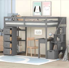 Bellemave® Loft Bed Twin with Storage Drawers ,Desk and Stairs, Wooden Loft Bed with Shelves - White - Bellemave