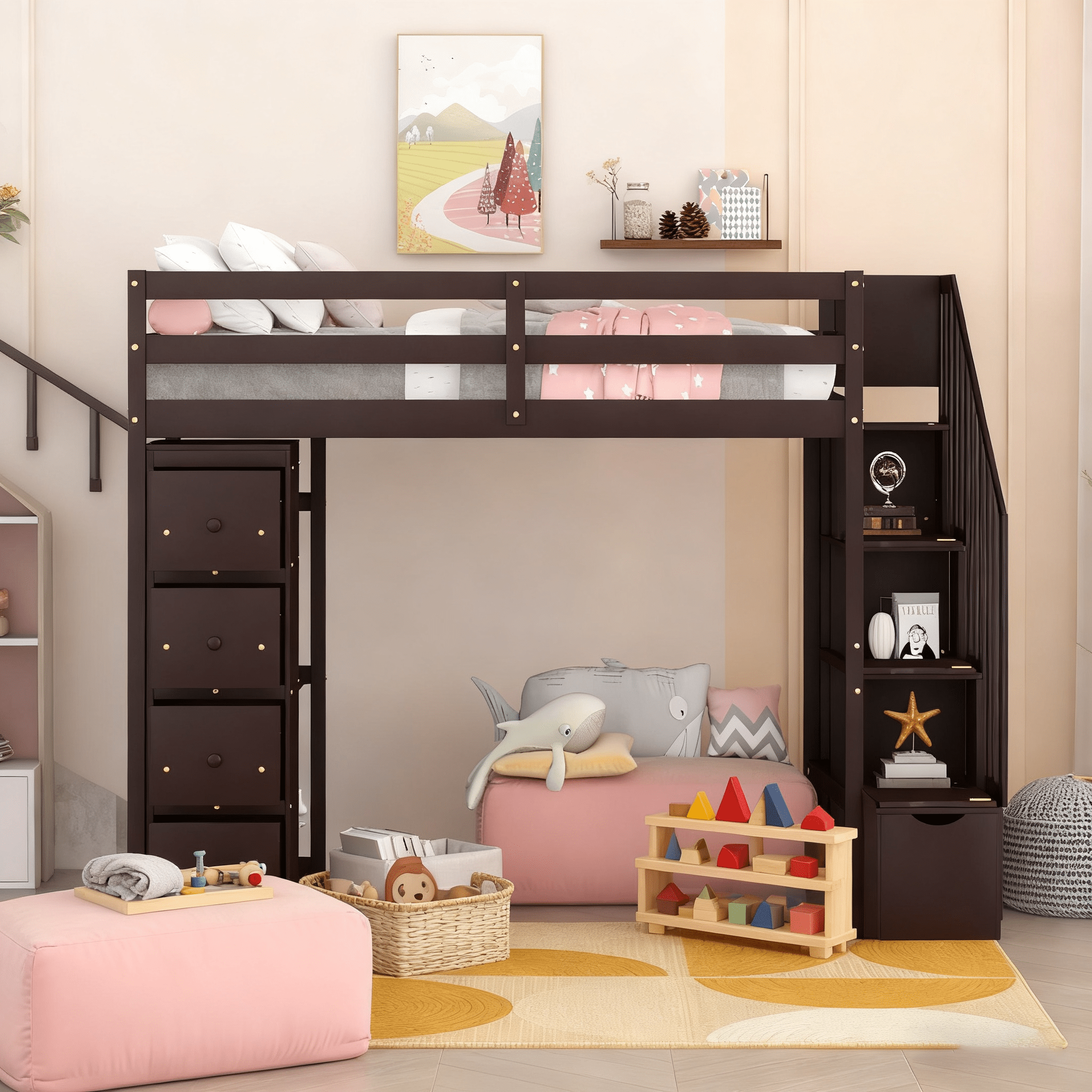 Bellemave® Loft Bed Twin with Storage Drawers ,Desk and Stairs, Wooden Loft Bed with Shelves - White - Bellemave