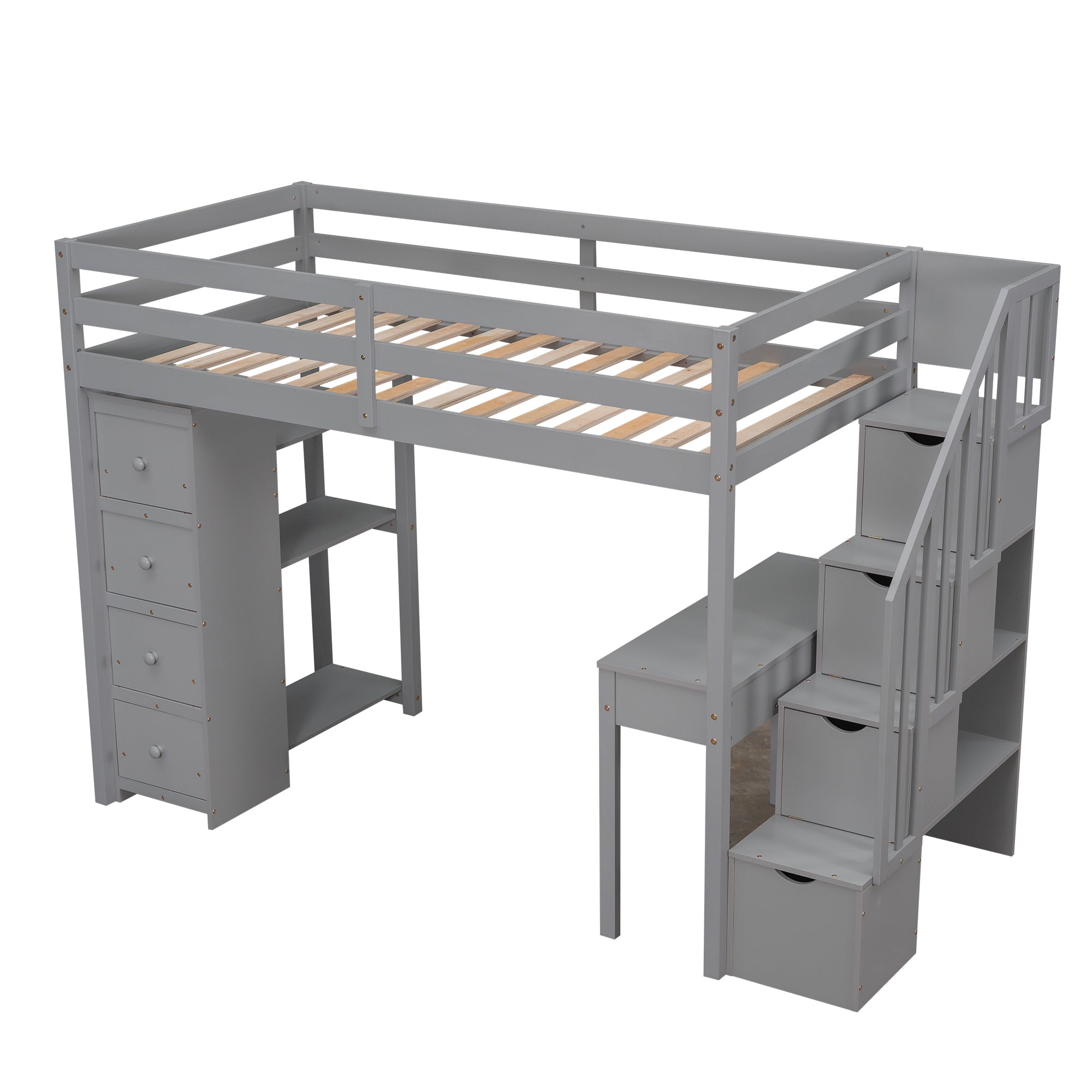 Bellemave® Loft Bed Twin with Storage Drawers ,Desk and Stairs, Wooden Loft Bed with Shelves - White - Bellemave