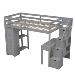 Bellemave® Loft Bed Twin with Storage Drawers ,Desk and Stairs, Wooden Loft Bed with Shelves - White - Bellemave