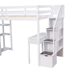Bellemave® Loft Bed Twin with Storage Drawers ,Desk and Stairs, Wooden Loft Bed with Shelves - White - Bellemave