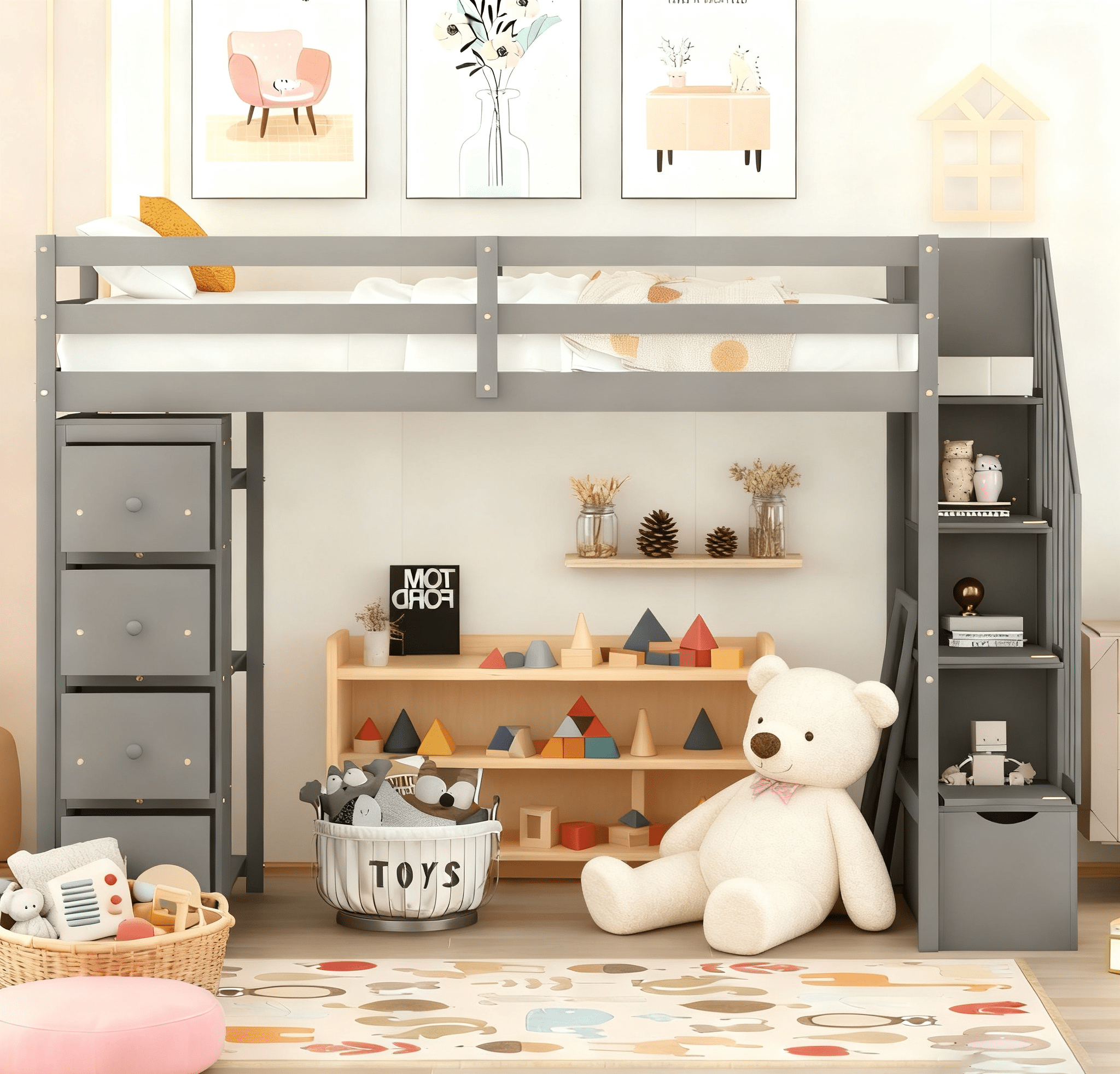 Bellemave® Loft Bed Twin with Storage Drawers ,Desk and Stairs, Wooden Loft Bed with Shelves - White - Bellemave