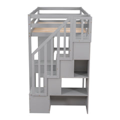 Bellemave® Loft Bed Twin with Storage Drawers ,Desk and Stairs, Wooden Loft Bed with Shelves - White - Bellemave