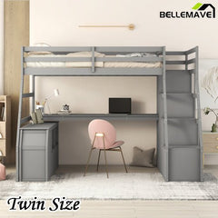 Bellemave® Loft Bed with 7 Drawers 2 Shelves and Desk - Bellemave