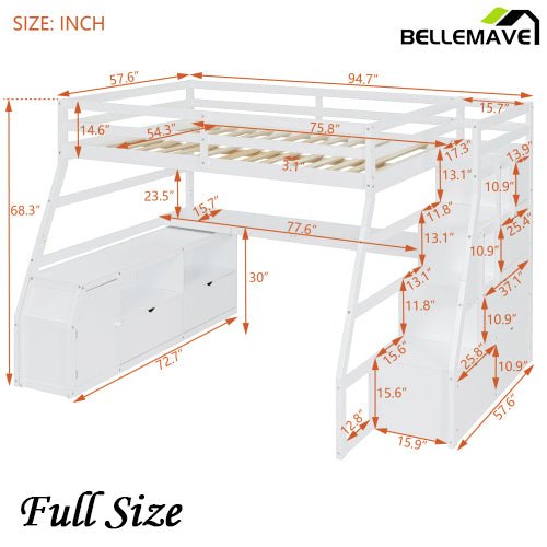 Bellemave® Loft Bed with 7 Drawers 2 Shelves and Desk - Bellemave