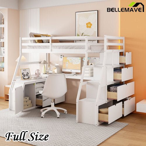Bellemave® Loft Bed with 7 Drawers 2 Shelves and Desk - Bellemave