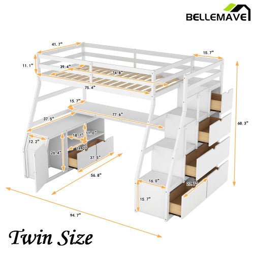 Bellemave® Loft Bed with 7 Drawers 2 Shelves and Desk - Bellemave
