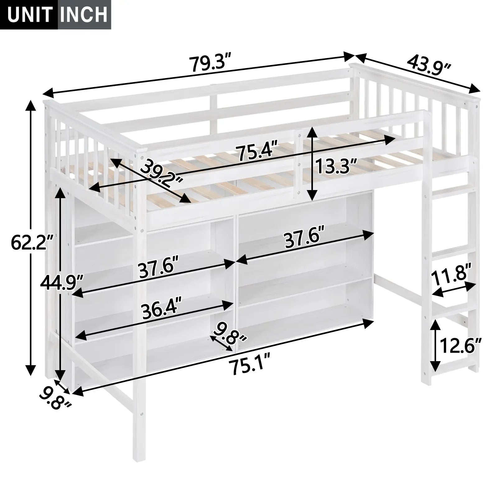 Bellemave® Loft Bed with 8 Open Storage Shelves and Built - in Ladder - Bellemave